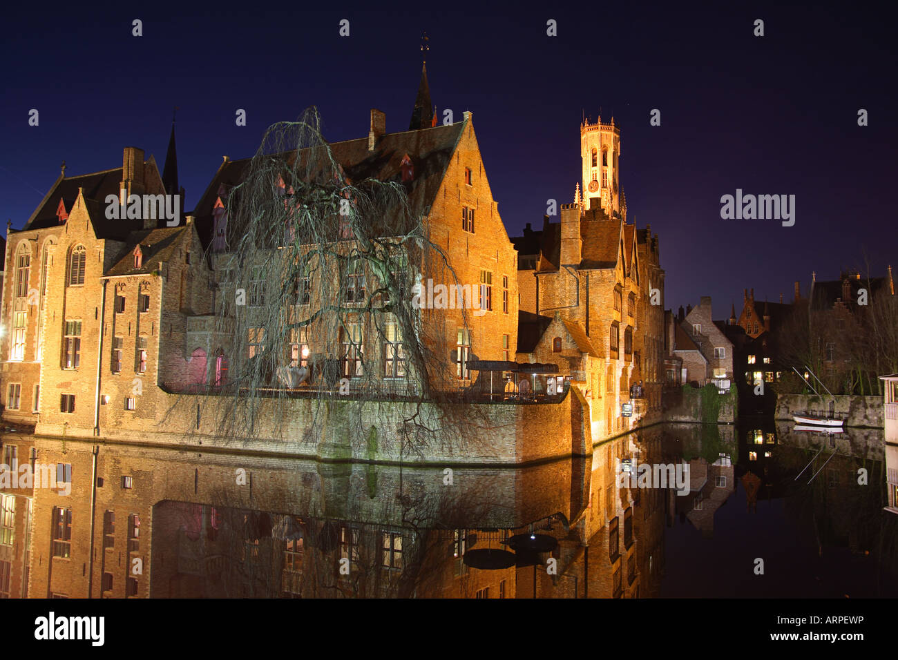 Belfry Tower at night, Bruges, Belgium Stock Photo