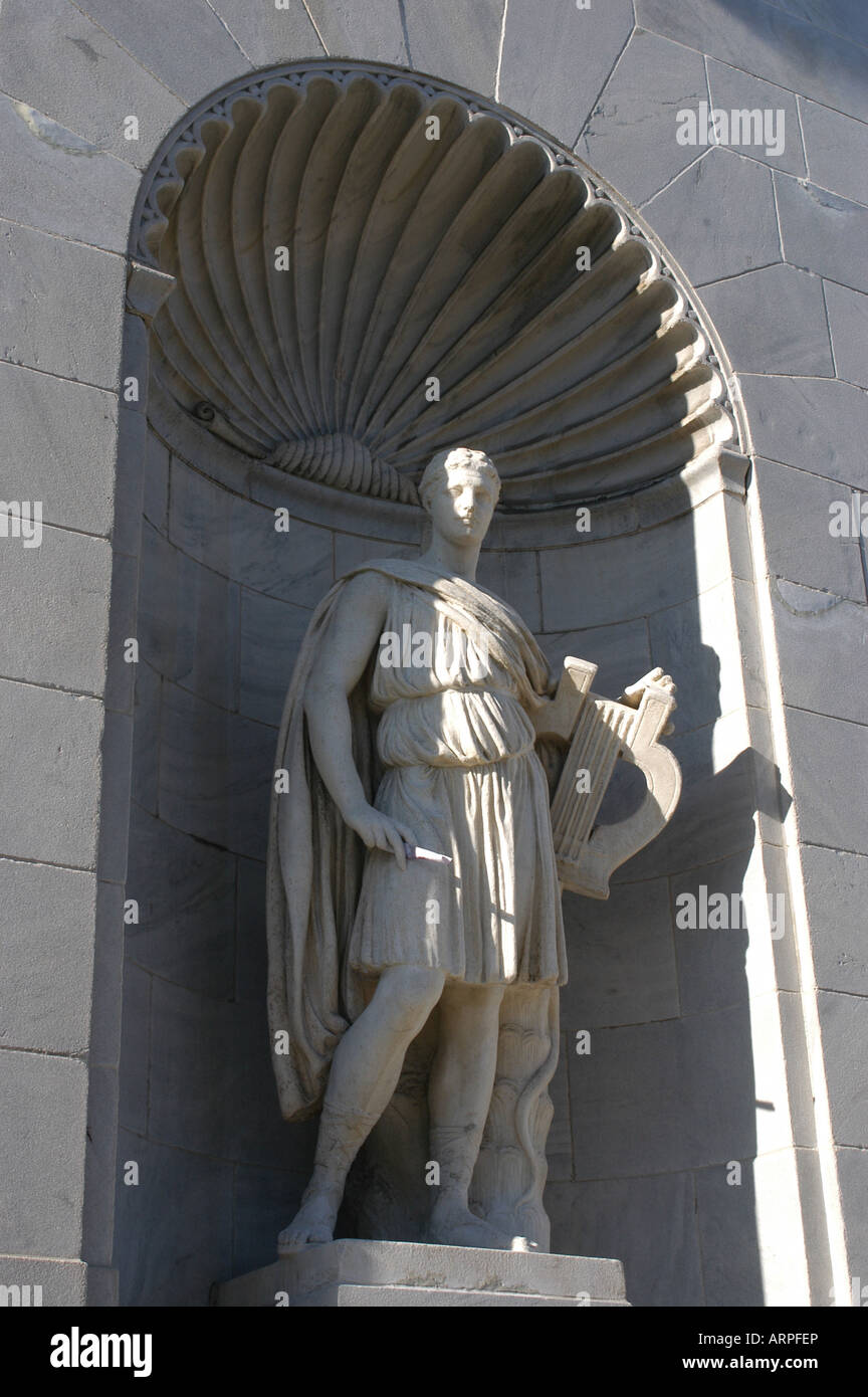Roman statue holds knife, facade of The Butler Institute of American