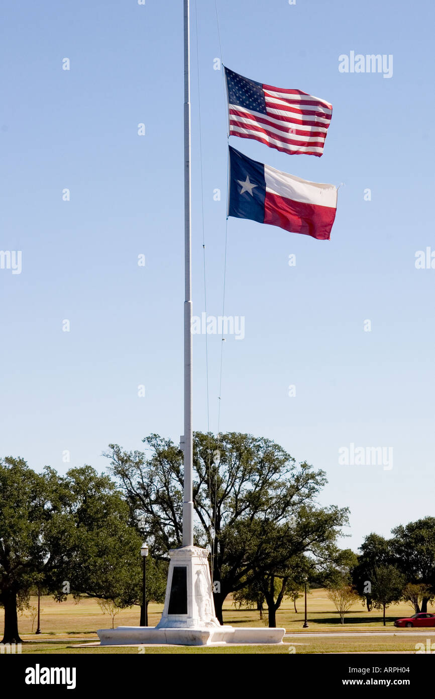 Close-up, American and Texas Flag flying at Half- Mast, Texas A&M University, Collage Station, Texas Stock Photo