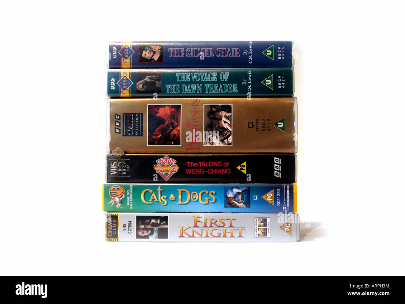 Pile of Videos, The Silver Chair, The Voyage of the Dawn Treader, The Borrowers, The Talons of Weng of Weng-Chang, Cats and Dogs, First Knight Stock Photo