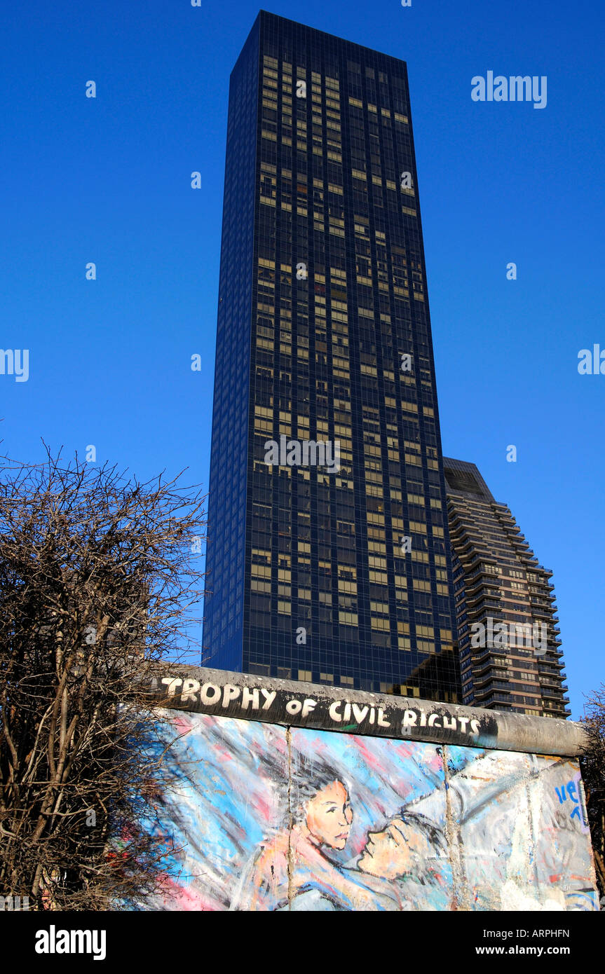 Piece of the Berlin Wall gift of the German people to the United Nations UN park in front of the Trump World Tower New York USA Stock Photo