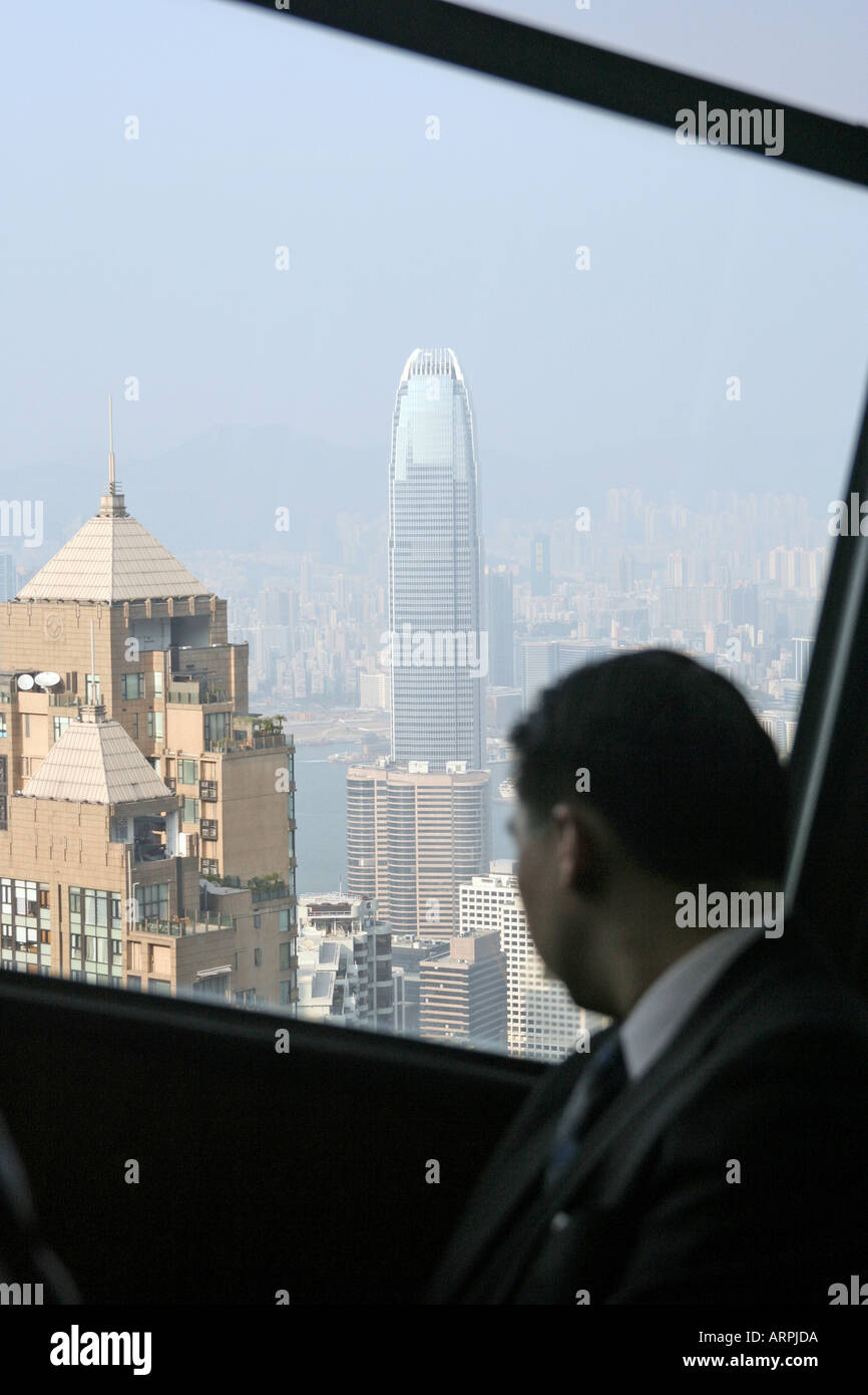 View to IFC2 tower and Hong Kong skyline from the Peak Tram Stock Photo