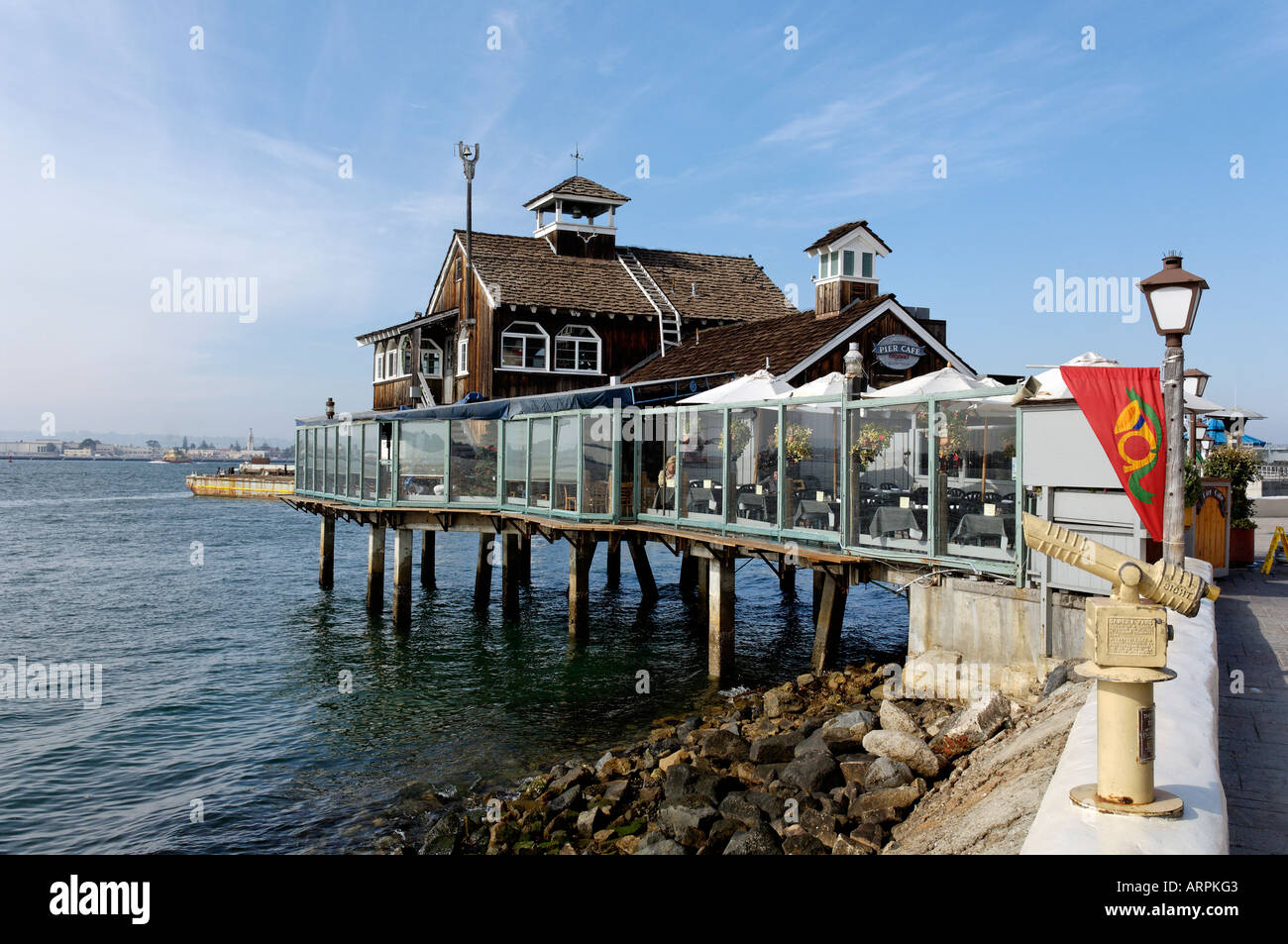 A Landscape Photograph of a Restaurant at the End of a Pier in Seaport Village in San Diego, California Stock Photo
