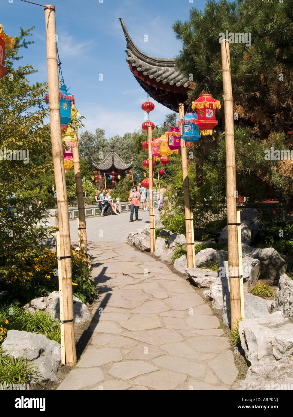 A path of lanterns through the Chinese Garden at the Jardin Botanique