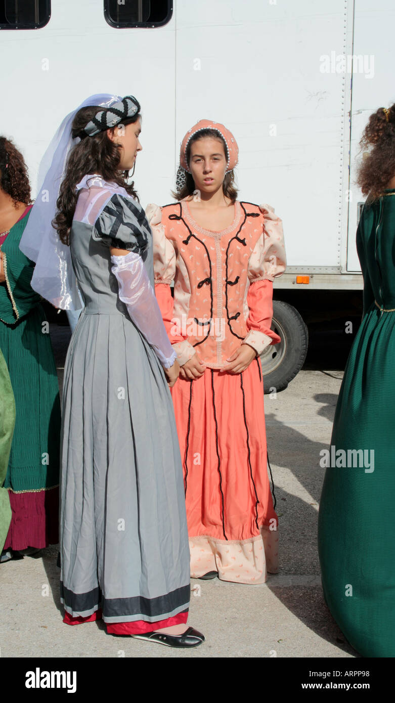Two young ladies in costumes of the nobles at Historic Parade Festival dos Descobrimentos Lagos Algarve Portugal Stock Photo