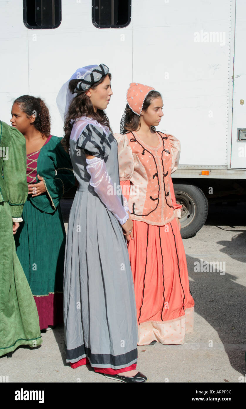 Two young ladies in costumes of the Nobles at Historic Parade Festival dos Descobrimentos Lagos Algarve Portugal Stock Photo