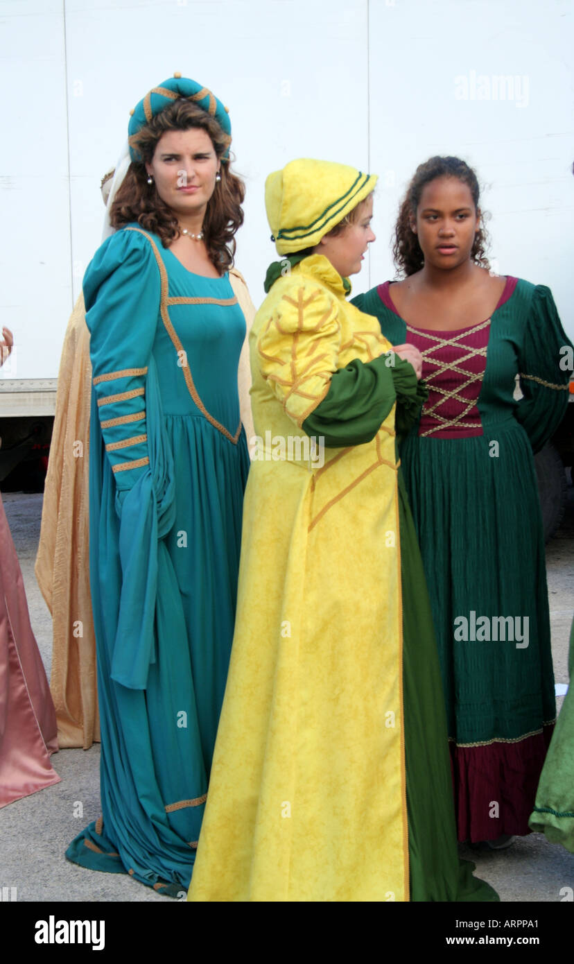 three young ladies in costumes of the Nobles at Historic Parade Festival dos Descobrimentos Lagos Algarve Portugal Stock Photo