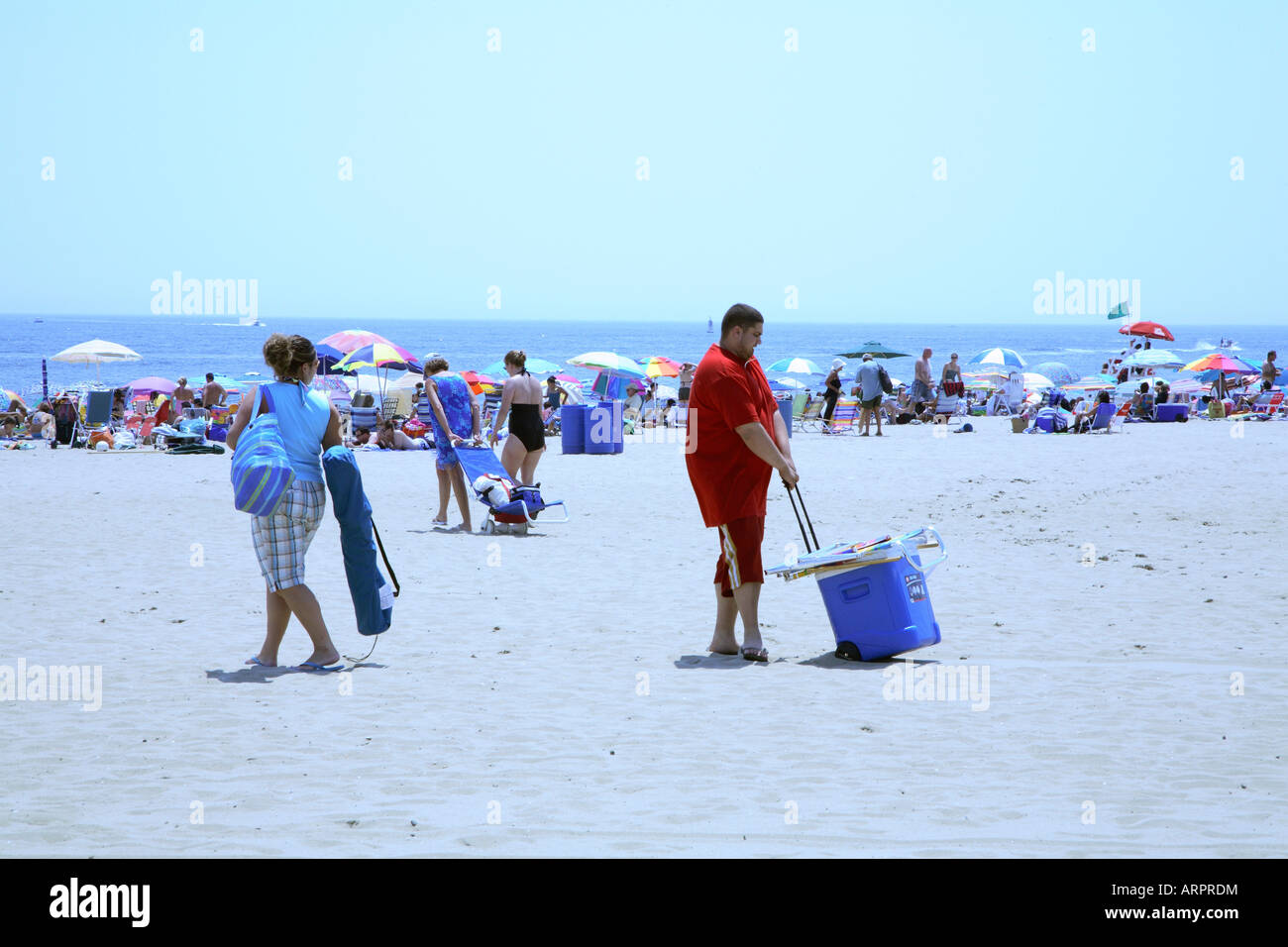 Four people dragging things across sand to join the throng concentrated in narrow strip next to ocean Stock Photo