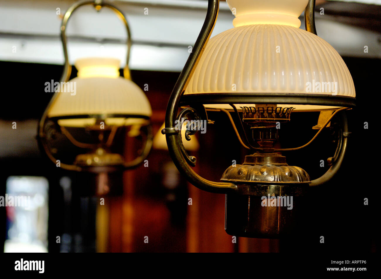 A Close Up Landscape Photograph of Overhead Lamps on Display at the