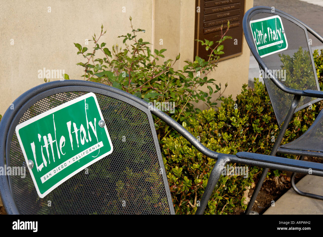 Seats Outside an Eatery in Little Italy in San Diego, California Stock Photo