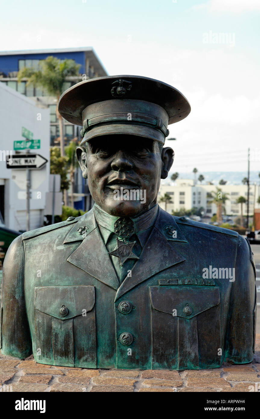 A Portrait Photograph of a Monument Dedicated to Gunnery Sergeant John Basilone in Little Italy, San Diego, California Stock Photo