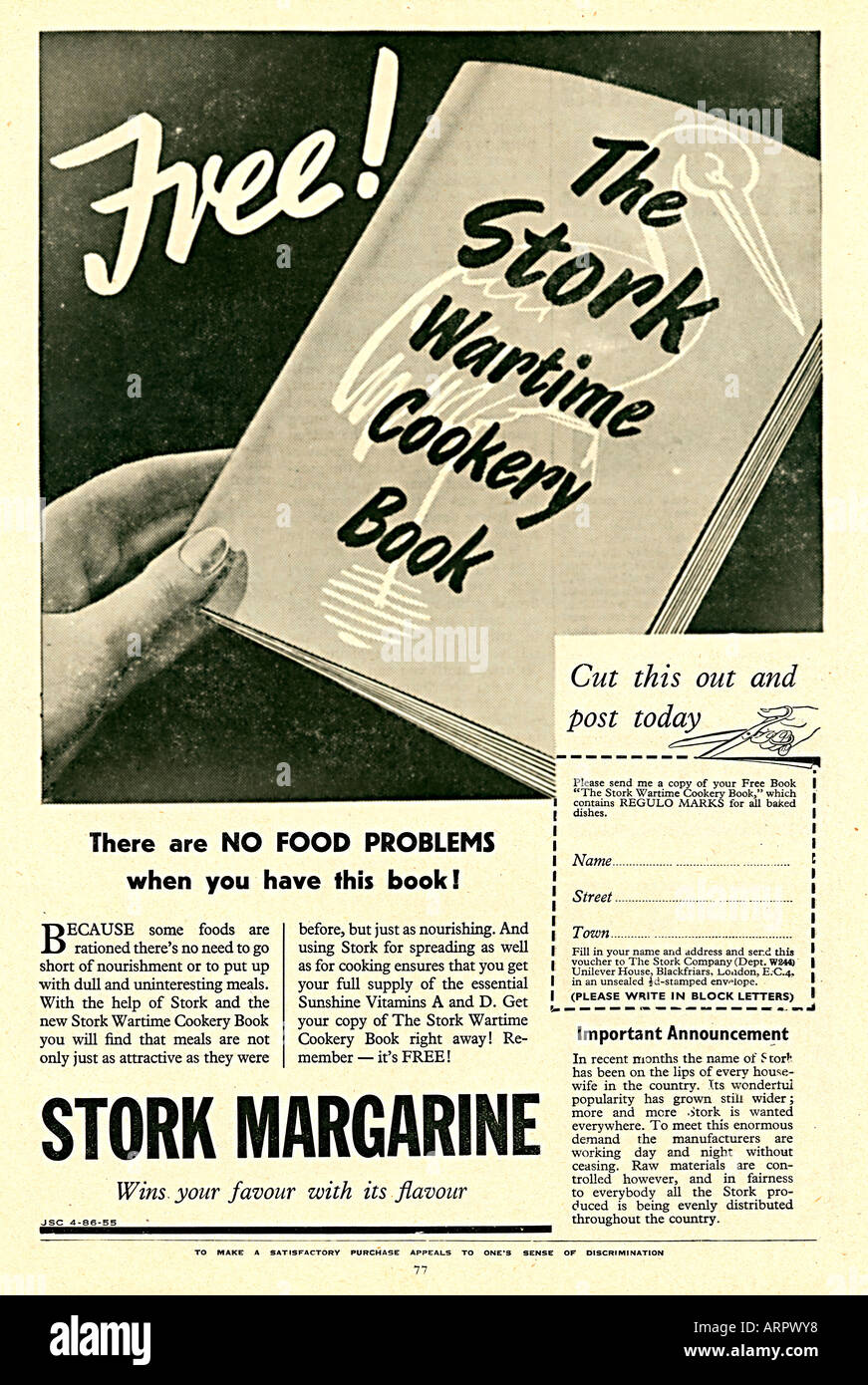Stork Wartime Cook Book 1940 advert for the margerine no food problems when you have this book Stock Photo