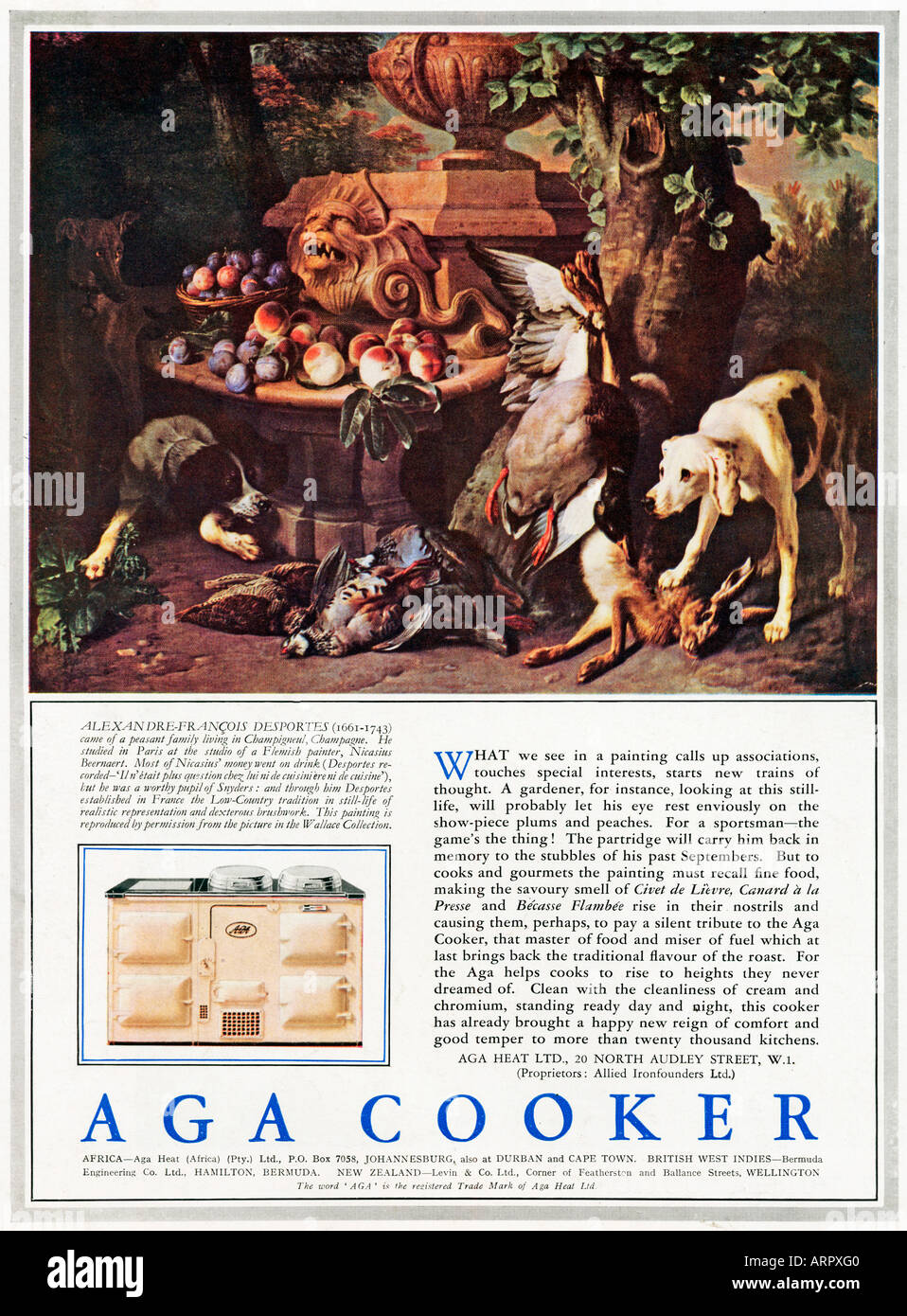 Aga Cooker 1930s advert for the classic cooker with a still life painting of ingredients by Alexandre Francois Desportes Stock Photo