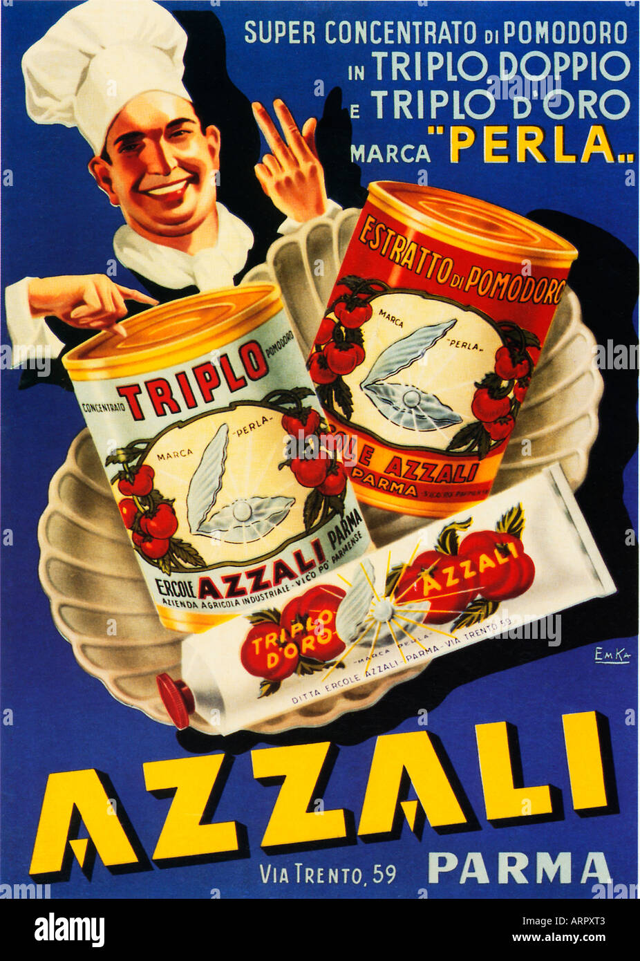 Azzali 1930s advert for the concentrated Italian tomato puree from Parma a pearl of a product Stock Photo