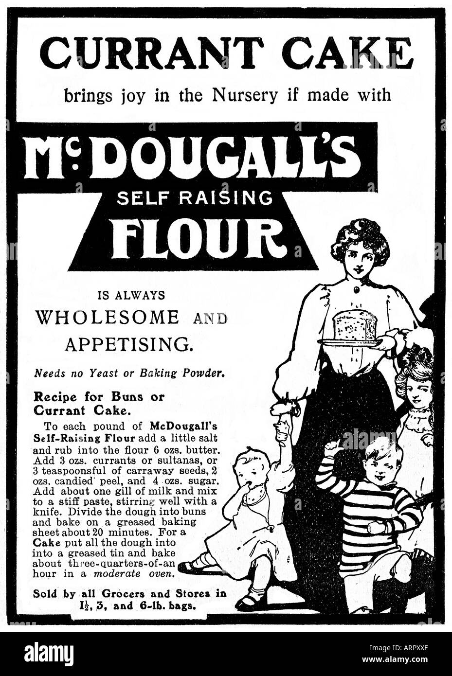 McDougalls Flour Currant Cake 1908 advert for the self raising flour always wholesome and appetising Stock Photo