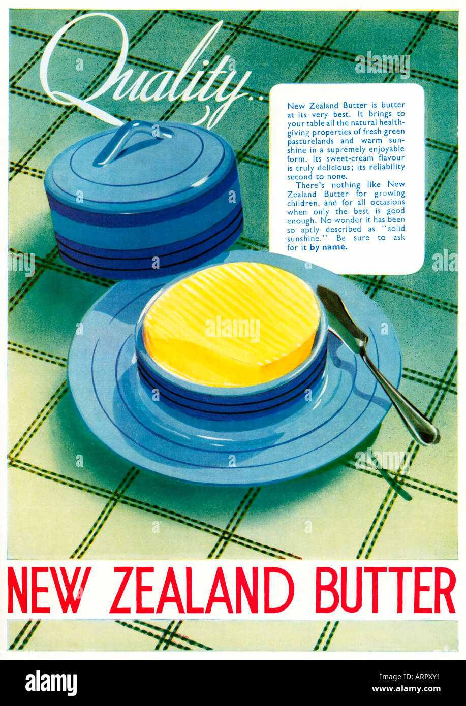 New Zealand Butter Quality 1938 magazine advert for the Antipodean dairy produce solid sunshine Stock Photo
