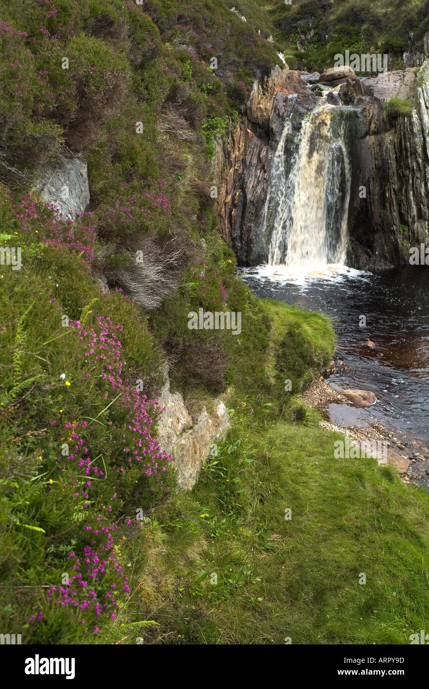 dh  BURN OF LUNKLET SHETLAND Heather river bank and waterfall flowing down rocky stream flow glen fall Stock Photo