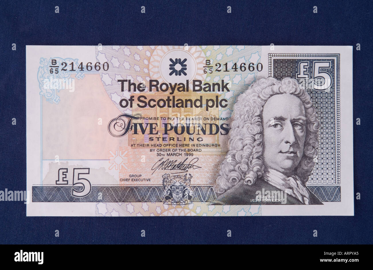 dh Royal Bank of Scotland MONEY SCOTLAND UK Scottish five pound note banknote 5 rbs cut out pounds Stock Photo