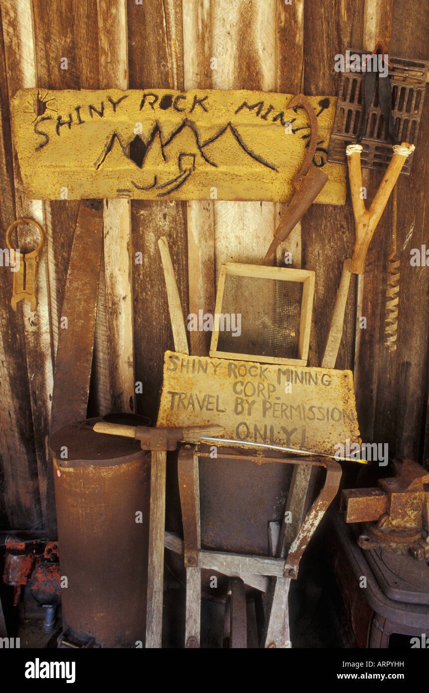 Shiny Rock Mining Company artifacts at Opal Creek Education Center Jawbone Flats Cascade Mountains Oregon Stock Photo