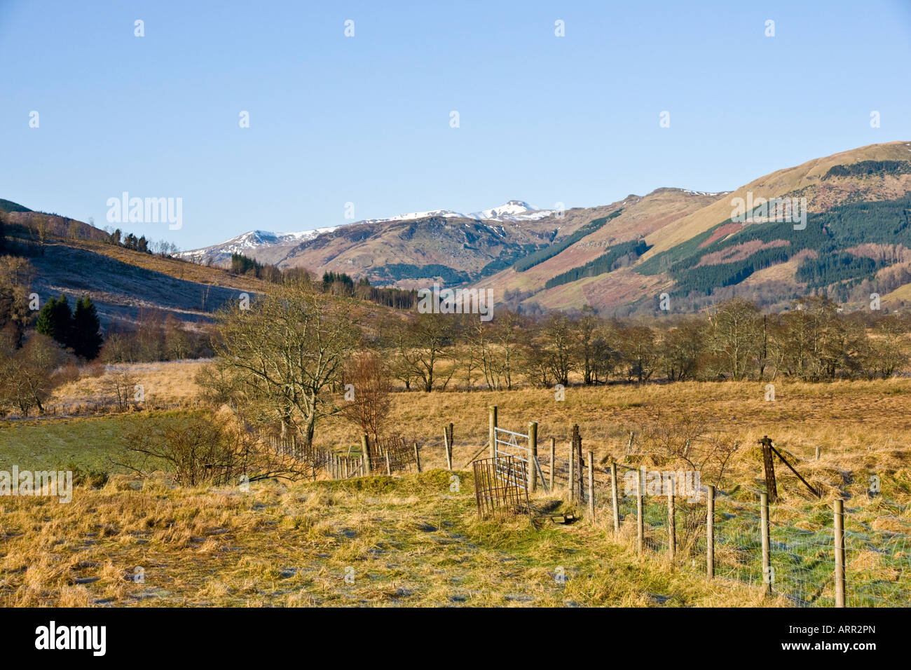 Snow covered Stob Binnein at 1165 metres in the background with Braes of Balquhidder viewed from the A84 at Kingshouse Scotland Stock Photo