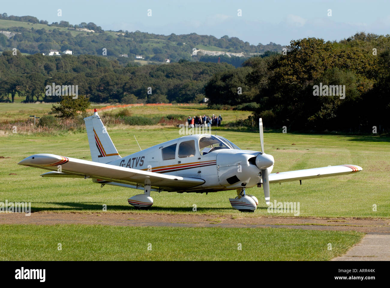 a light aircraft on an airfield at an airport at sandown bembridge on the isle of wight Stock Photo
