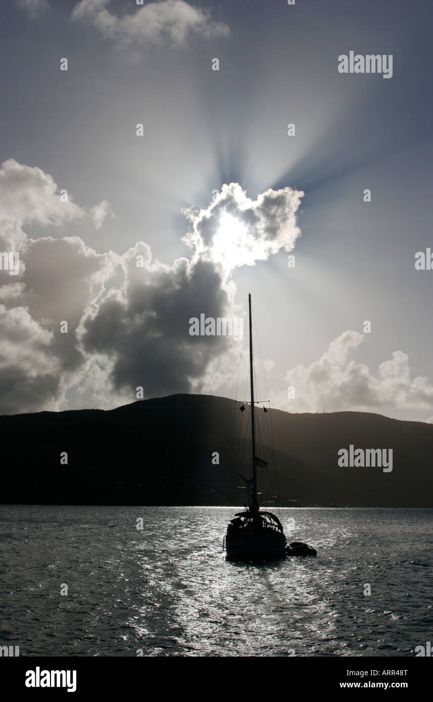 A boat at anchor in North Sound, Virgin Gorda, British Virgin Islands Stock Photo