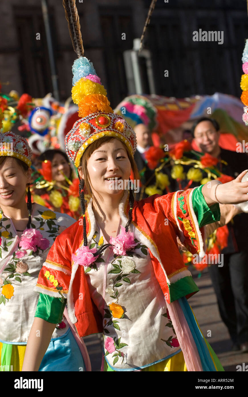 Chinese teenage girls dancing in the Chinese new year celebration in ...