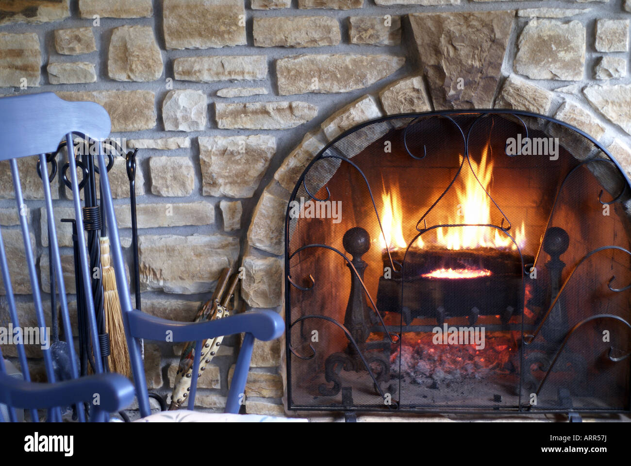 Stone Fireplace Stock Photo