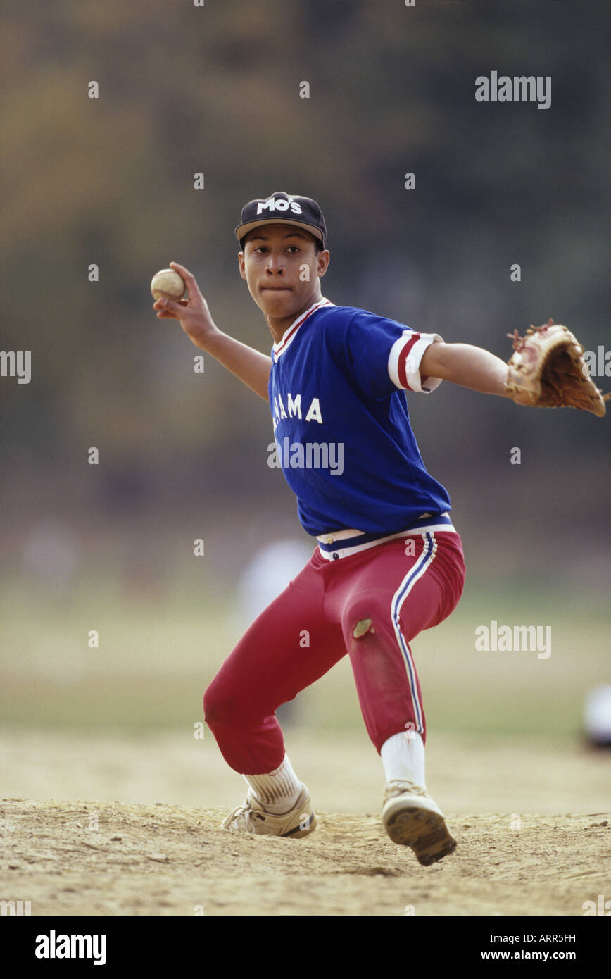 Young baseball pitcher in action Stock Photo Alamy