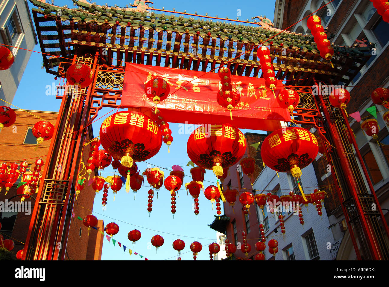 Chinese New Year decorations, Chinatown, Soho, West End, London, England, United Kingdom Stock Photo
