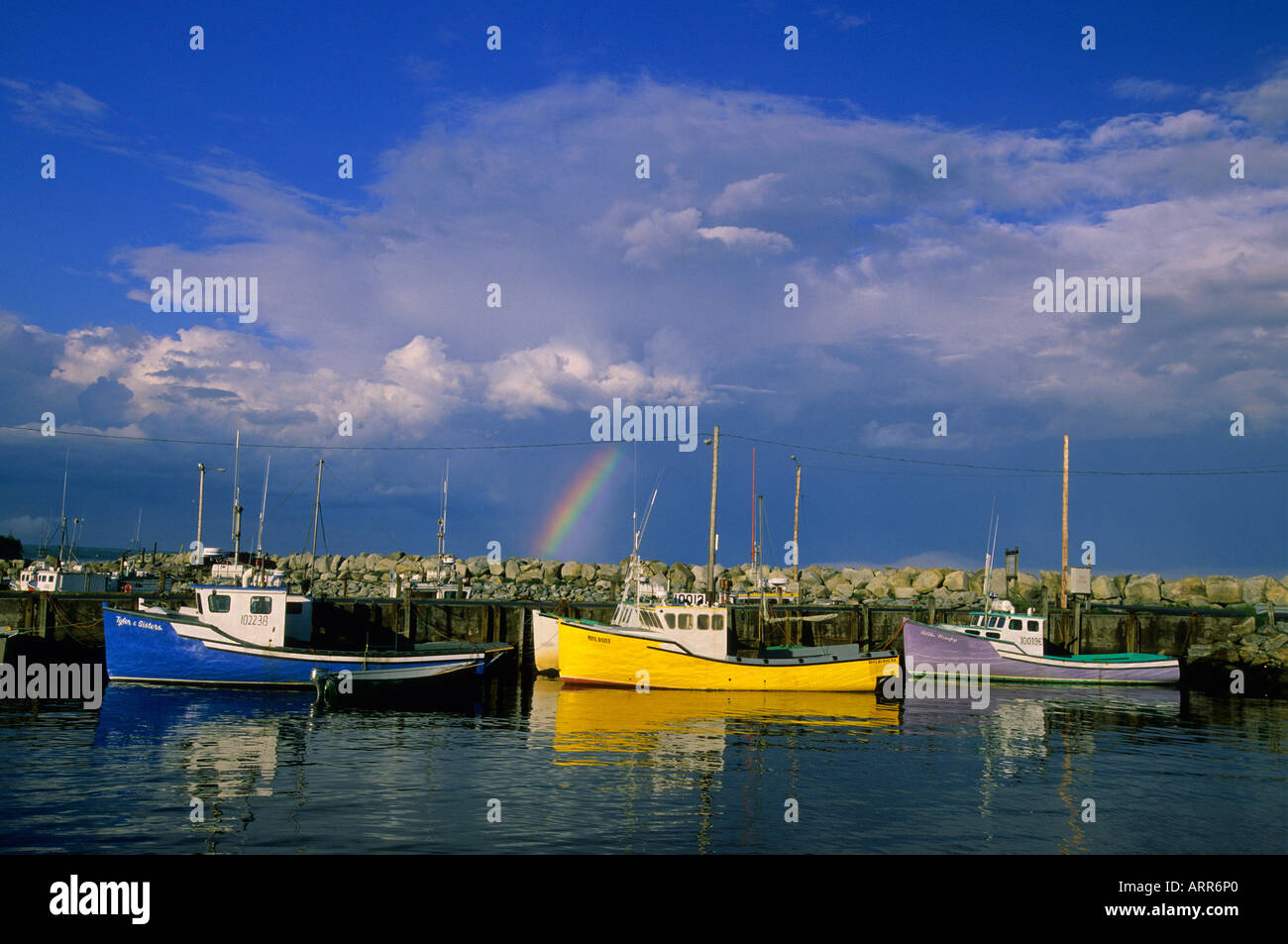 Rainbow, coloured rope and fishing boats, Port Mouton, Nova Scotia