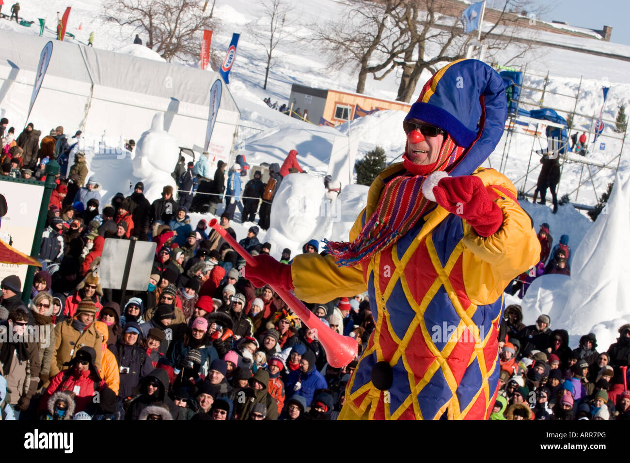 A Knuk, one of Bonhomme Carnaval's friend gestures during the annual Snow Bath an highlight of the Quebec Winter Carnival. Stock Photo