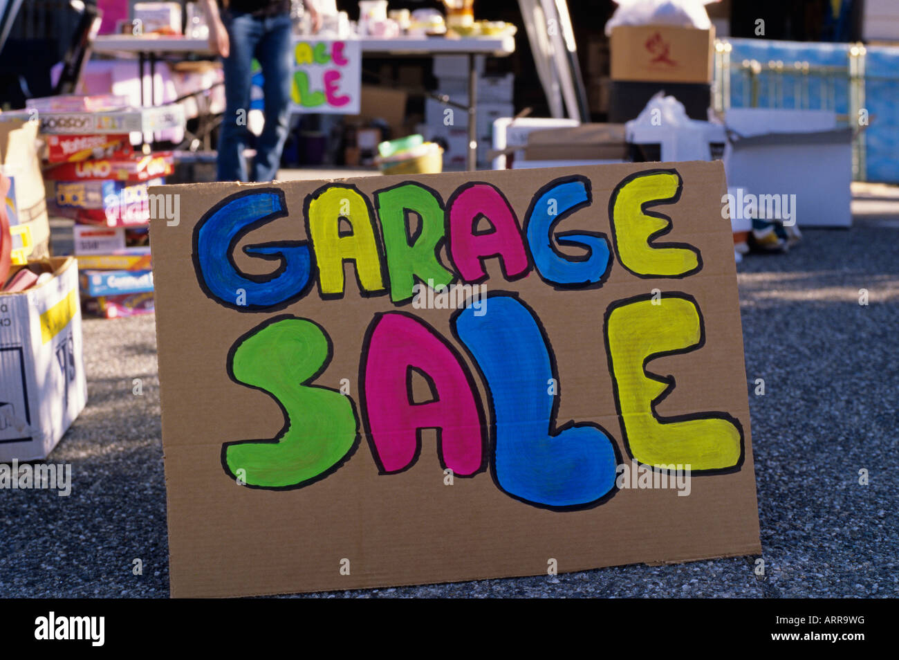 Residential neighborhood family is having a garage sale in their front