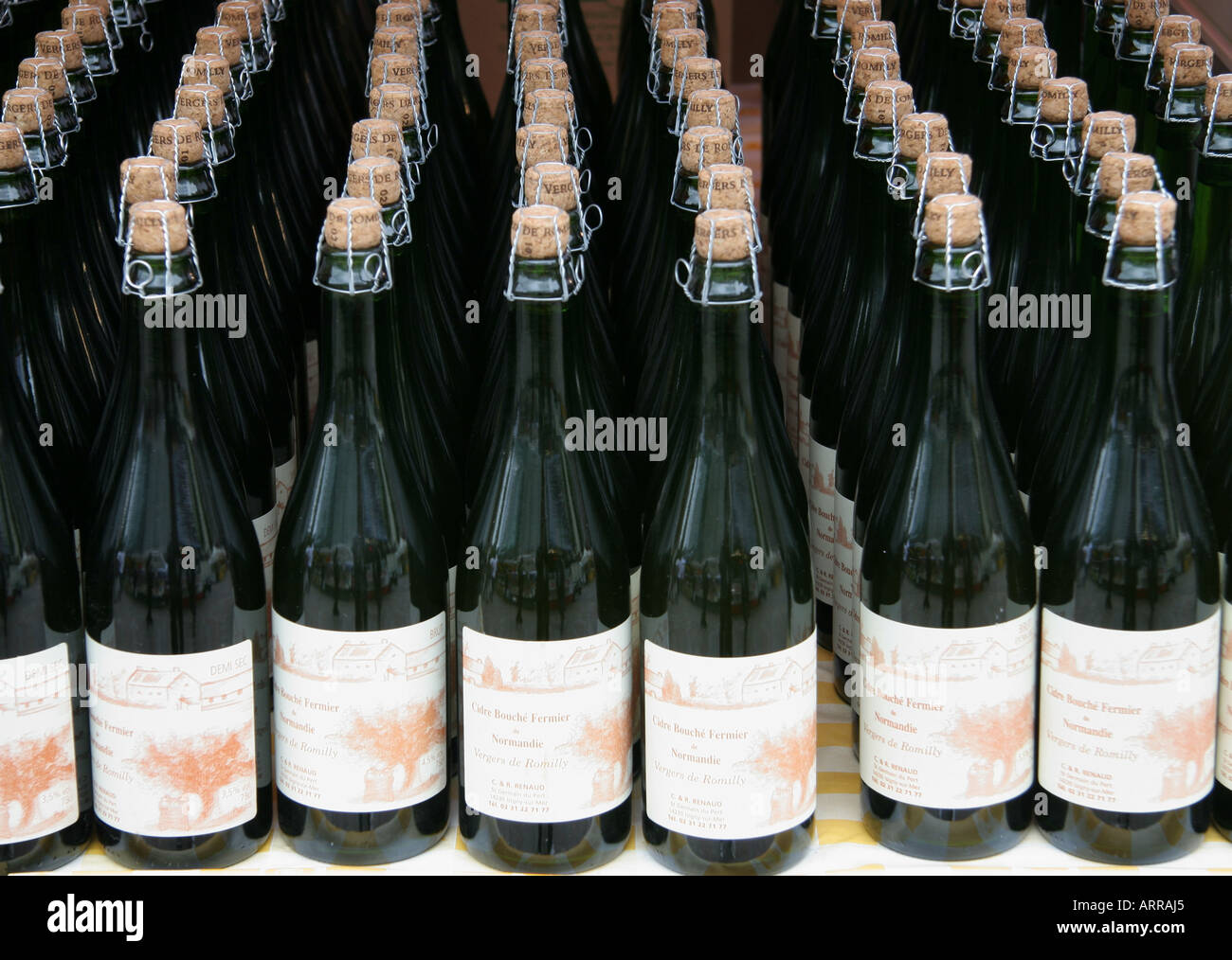 Bottles of French cider at a market in Glasgow, Scotland Stock Photo