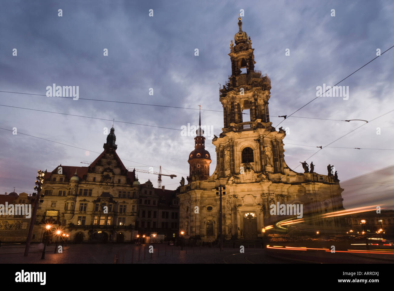 View of the Hofkirche with the Hausmann Tower to the left and the Georgenbau of the former Royal Palace. Dresden, Germany Stock Photo