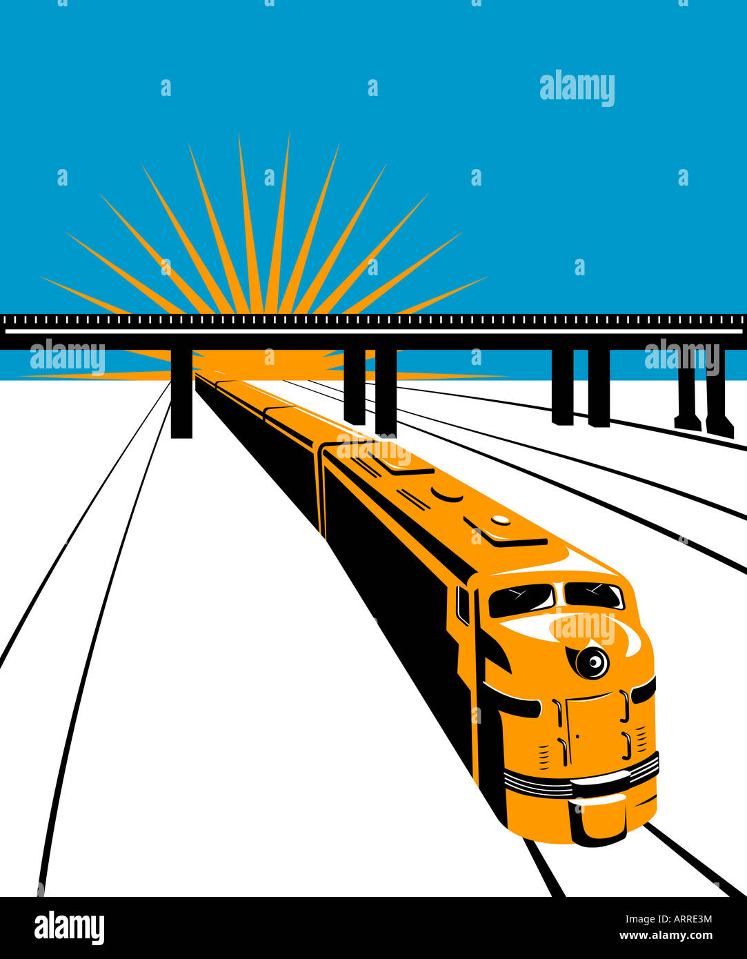 Diesel train with bridge and sunburst in the background Stock Photo Alamy