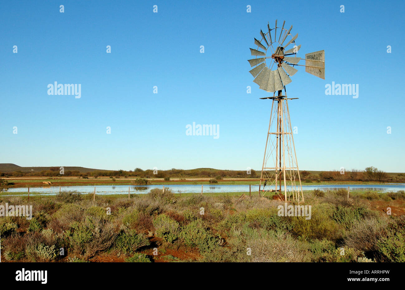 Windmill next to dam near Nieuwoudtville, Northern Cape, South Africa Stock Photo