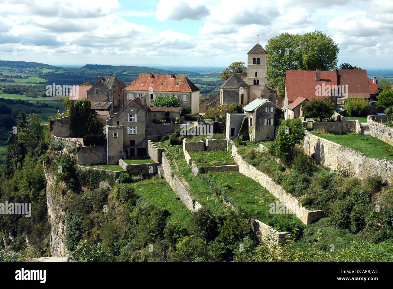 Château-Chalon, a beguiling winemaking village near Arbois high above vineyards in France's Jura region Stock Photo
