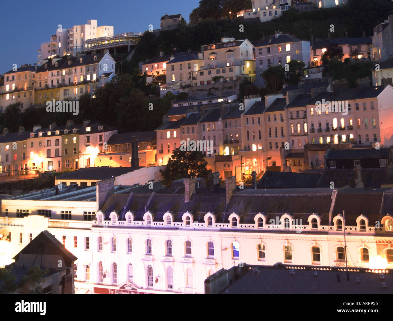 Above Fleet street in Torquay, south Devon at night. Stock Photo