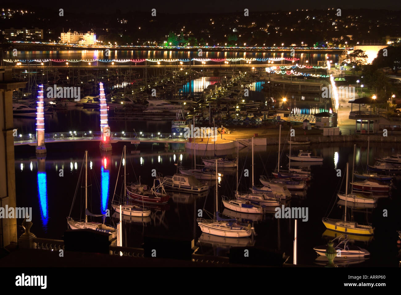 The harbour and marina in Torquay, South Devon, England at night Stock Photo