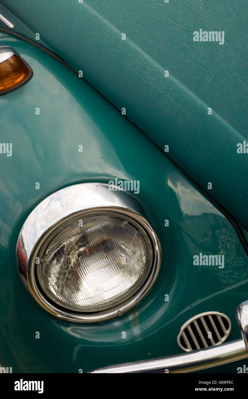 Detail of head light of turquoise volkswagen beetle Stock Photo