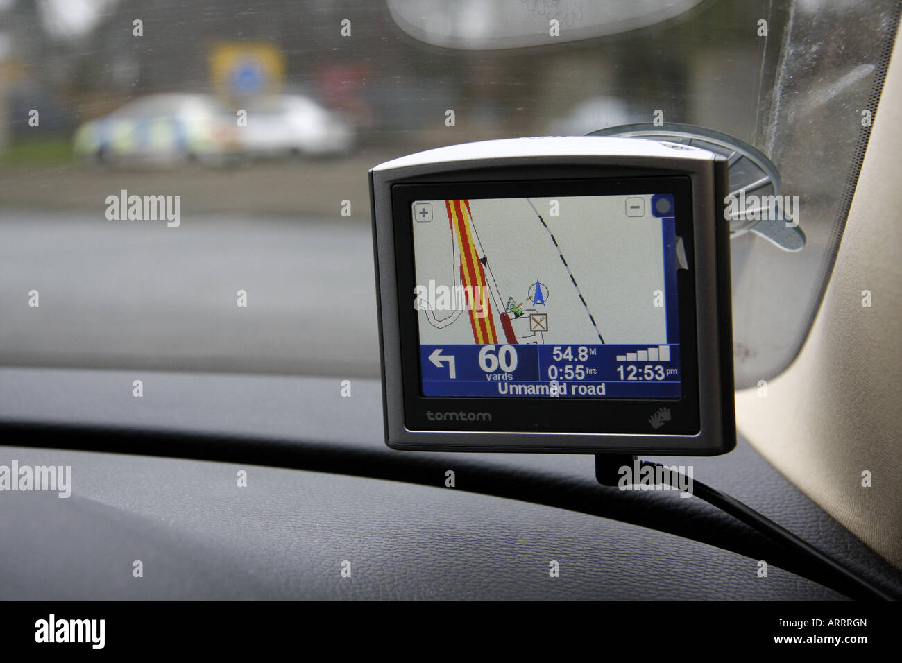 Satellite navigation display on a car dashboard Stock Photo