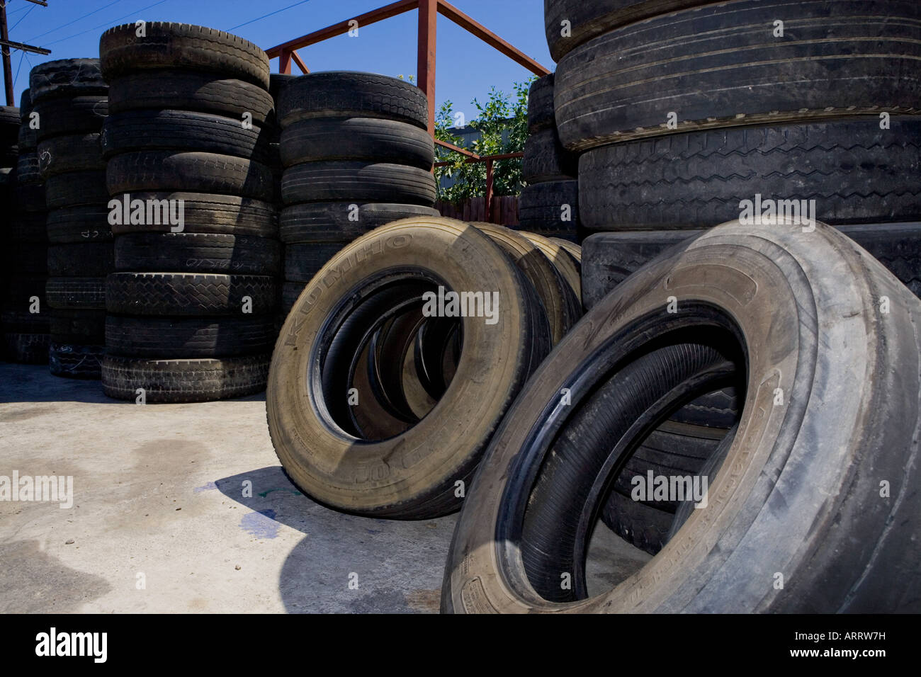 Old tires stacked in junkyard Stock Photo Alamy