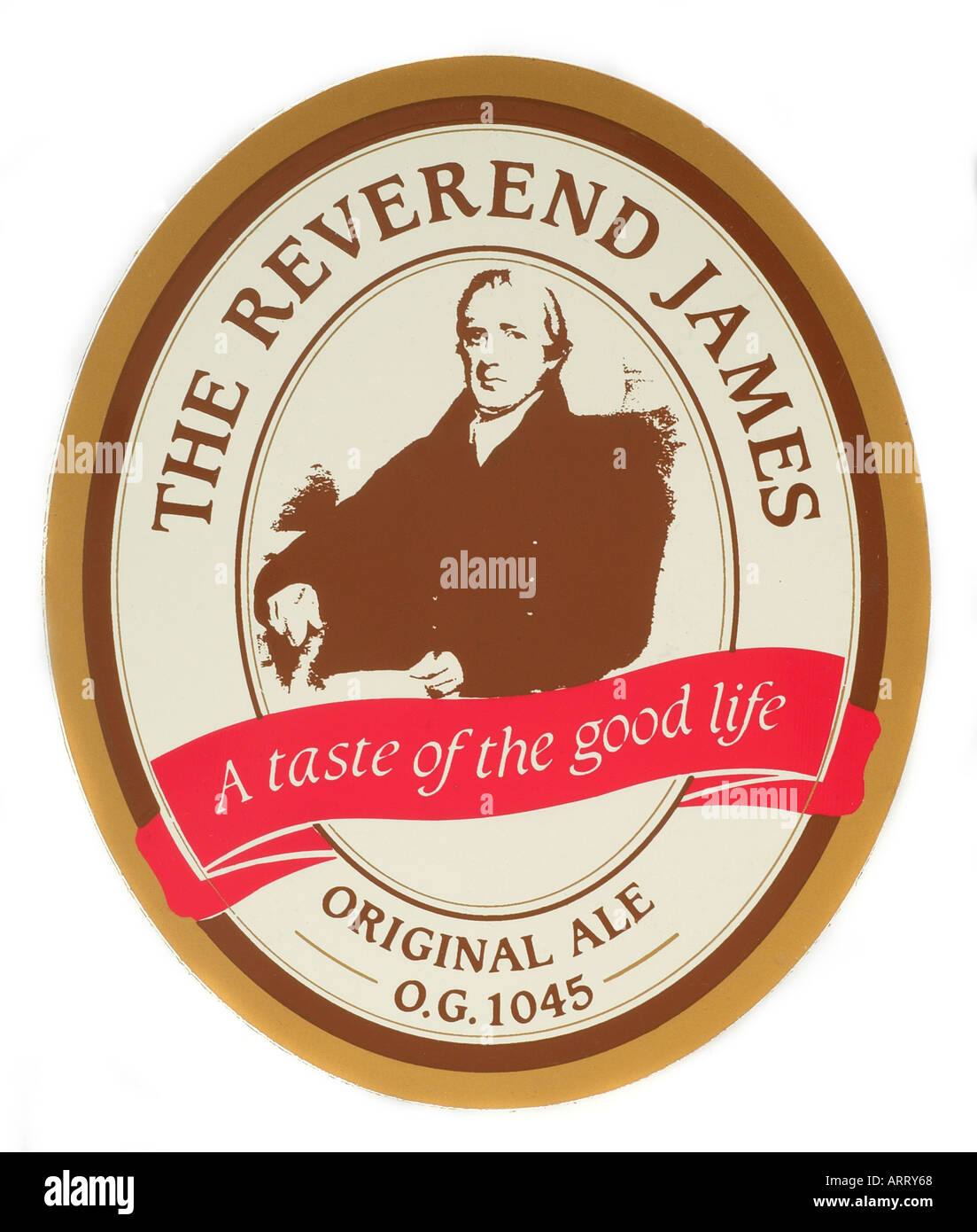 Beer pump label England UK United Kingdom GB Great Britain the reverand james a taste of the good ale original Stock Photo