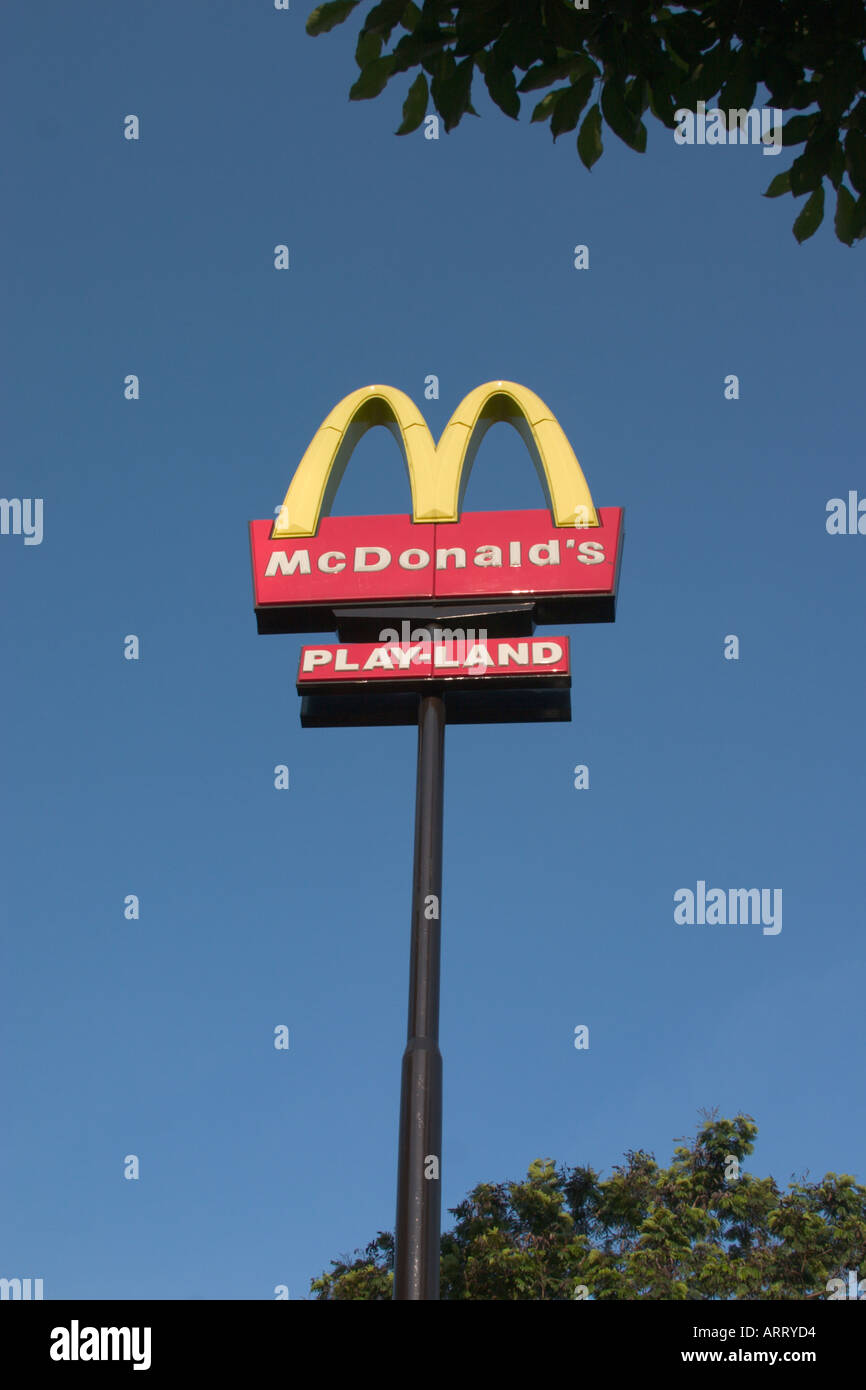 McDonald sign with the word playland. FOR EDITORIAL USE ONLY. Stock Photo