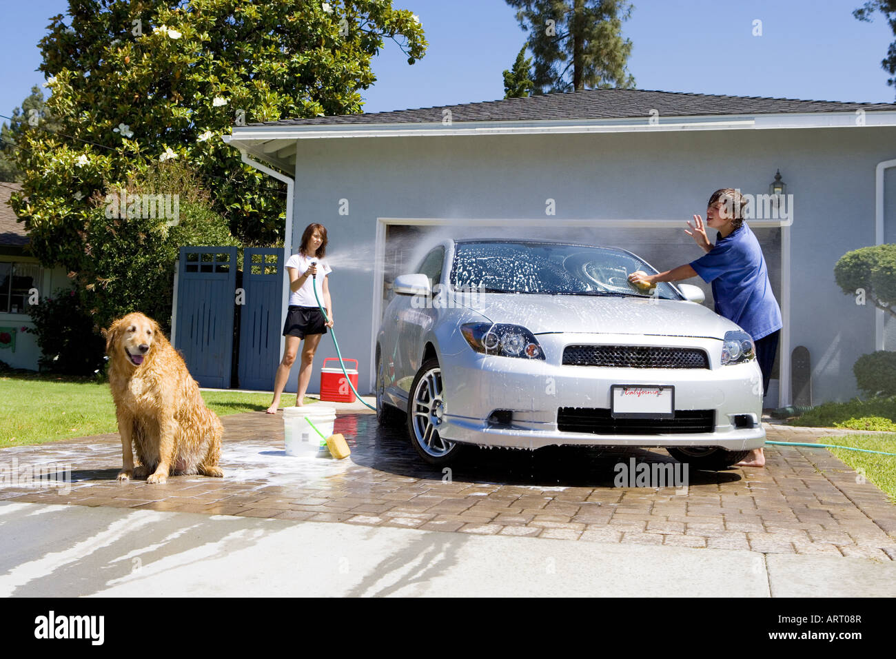 Teenagers washing car in driveway Stock Photo Alamy