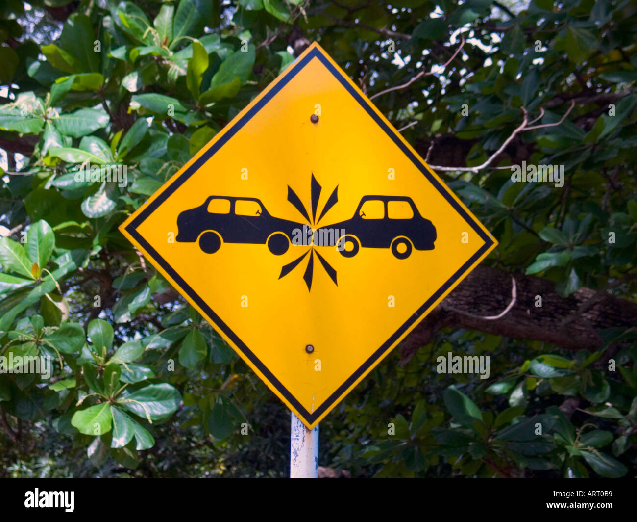 A funny and unique sign in Panama makes drivers aware of collision danger ahead Panama City, Republic of Panama, Central America Stock Photo