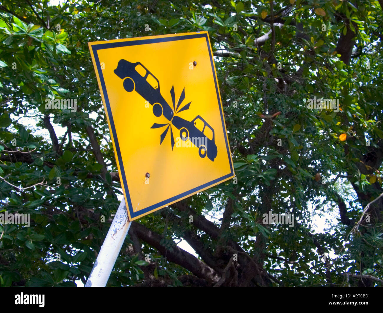A funny and unique sign makes drivers aware of collision danger ahead. Panama City, Republic of Panama, Central America Stock Photo