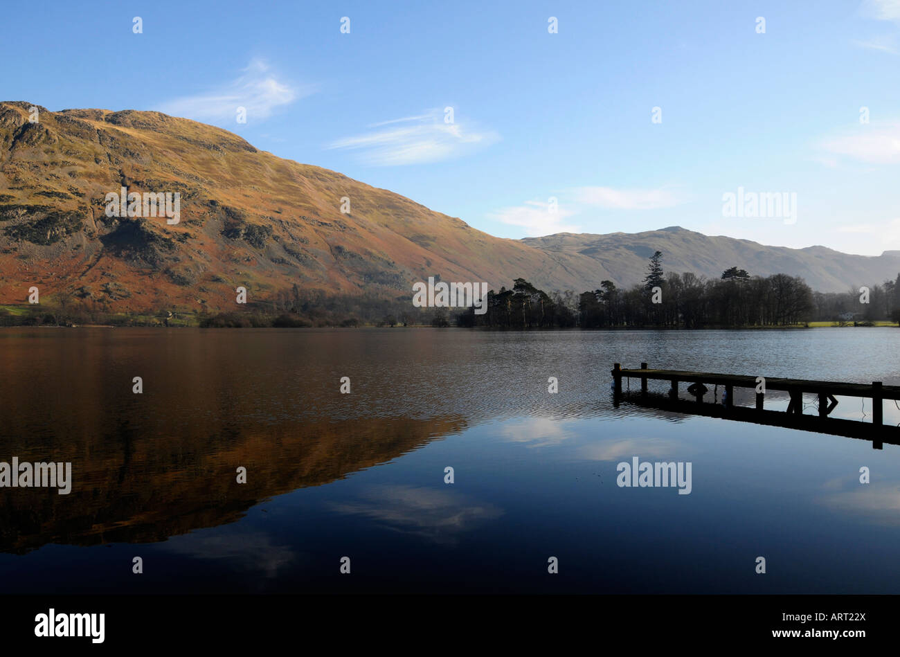 View of Southern end of Ullswater and jetty, Lake Disrtrict, England Stock Photo