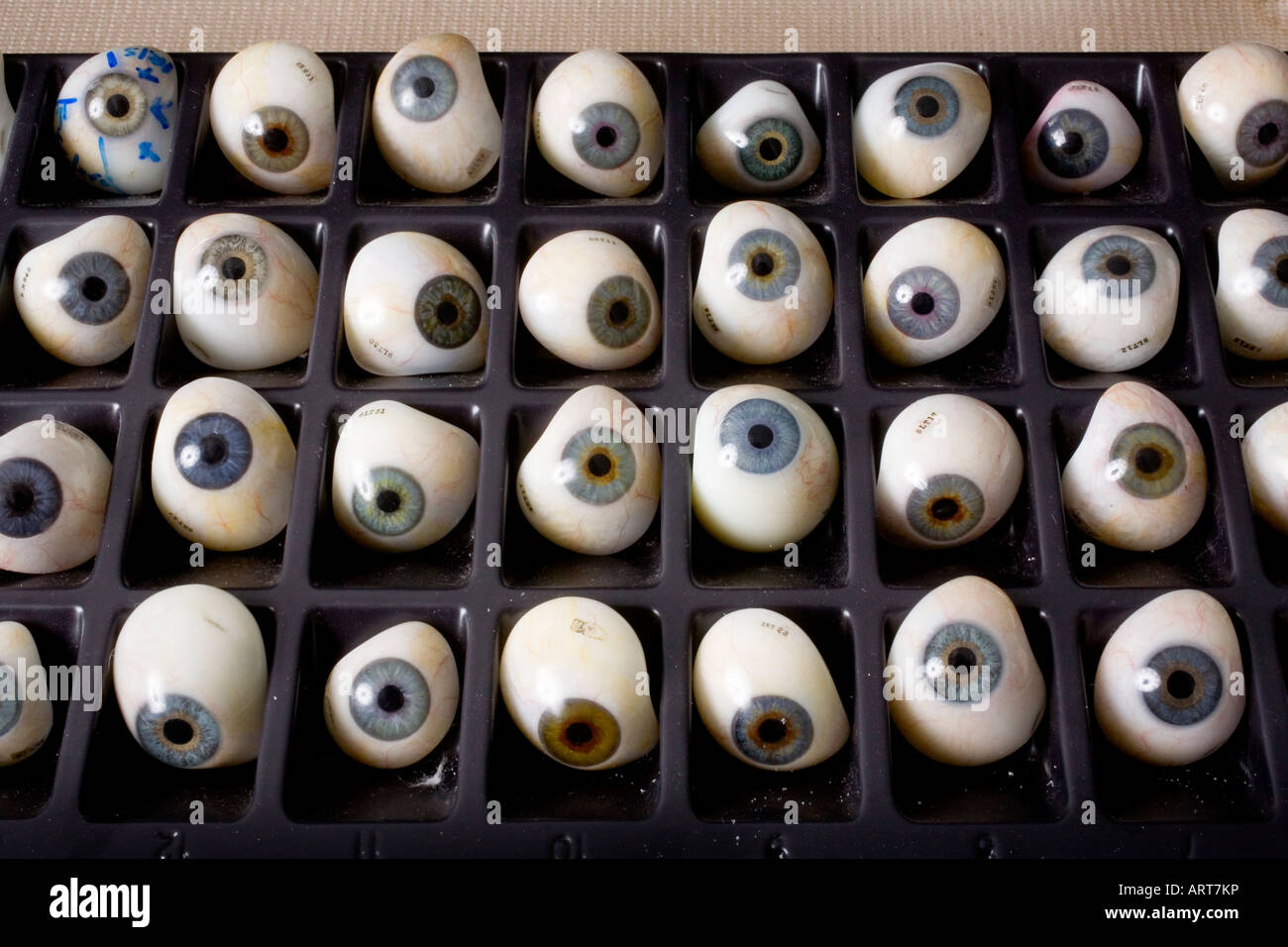 Prosthetic eyes are carefully organized at a California optometric